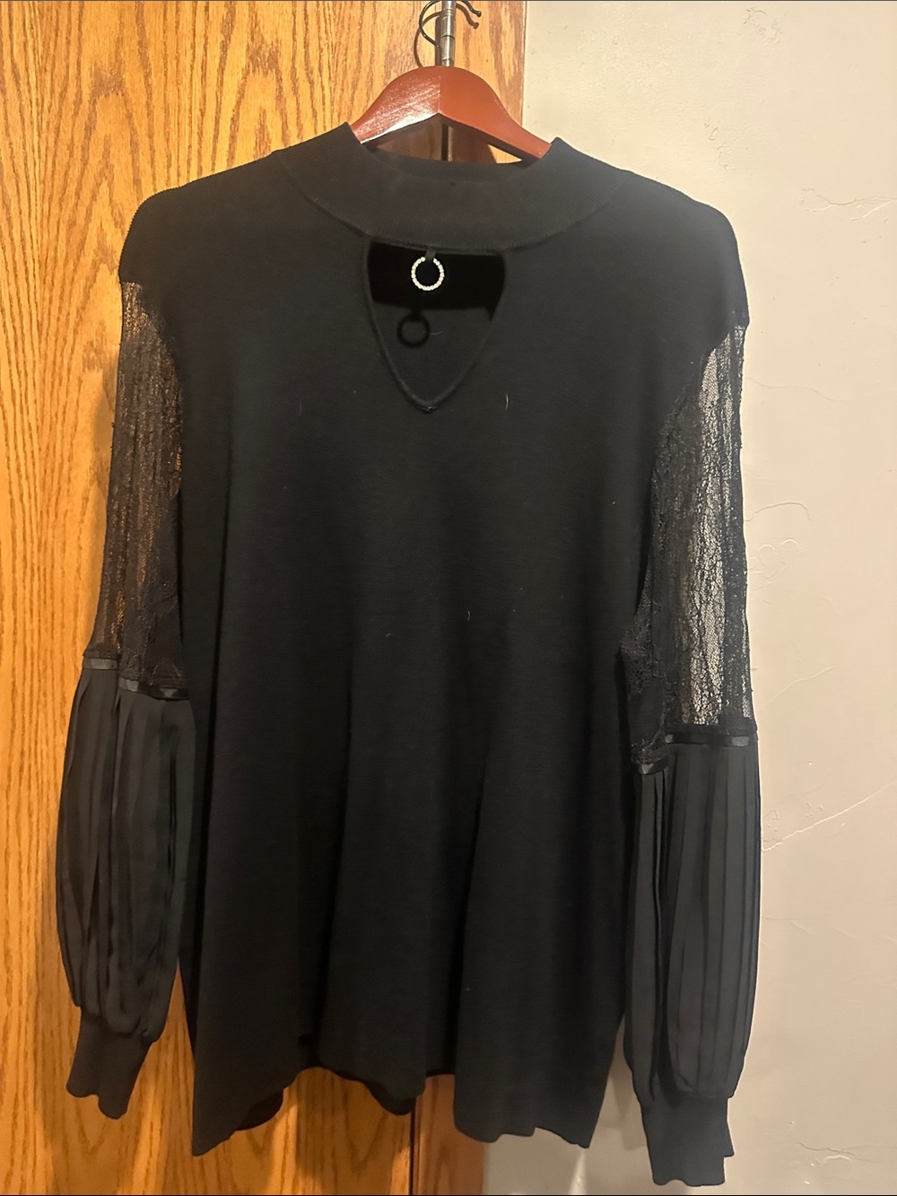 Belldini Black Lace & Pleated-Sleeve Pullover